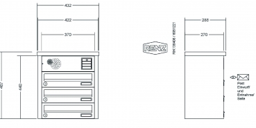 RENZ Briefkastenanlage Aufputz, Tetro, Edelstahl V4A, Kastenformat 370x110x270mm, mit Klingel - & Lichttaster und Vorbereitung Gegensprechanlage, 3-teilig
